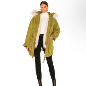 Revolve: EAVES Morganna Parka Jacket Khaki Green Faux Fit Hooded
